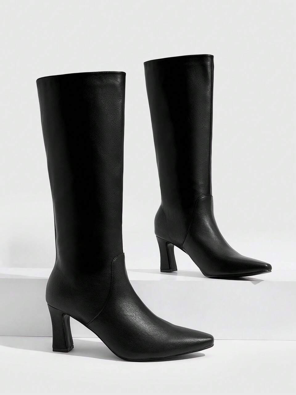 CUCCOO SZL Women's Comfort Medium Heel Pointed Toe Black PU Knee Boots