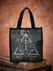 HARRY POTTER X SHEIN Vintage Triangle Rune Print Insulated Lunch Tote, Heat-Preserving Inner Layer. Holds Bento And Drinks For Office Workers, Students And Picnic Trips - Khaki black - View 1