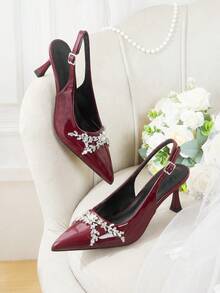 CUCCOO HITCHD Zapatos de tacón alto con pedrería de color burdeos y ramas puntiagudas, adecuados para bodas/eventos formales, uso diario, citas/fiestas y otras ocasiones - Burdeos - Ver 1
