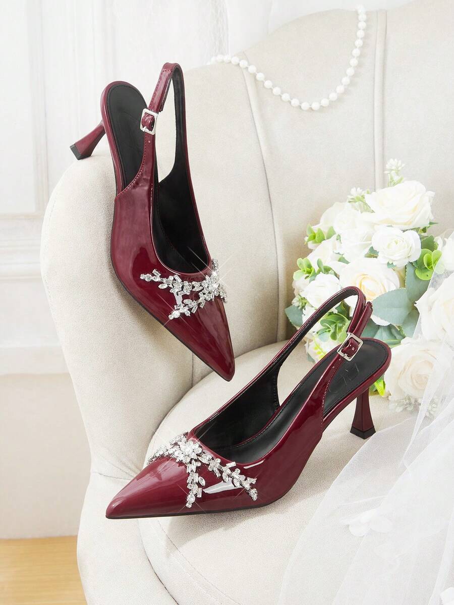 CUCCOO HITCHD Zapatos de tacón alto con pedrería de color burdeos y ramas puntiagudas, adecuados para bodas/eventos formales, uso diario, citas/fiestas y otras ocasiones - Burdeos - Ver 1