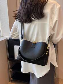 SIENNITY Tas Tote Bucket Warna Hitam Solid, Penyimpanan Multi-Lapisan untuk Barang-Barang Penting, Penutup Kancing, Gaya Minimalis Sehari-hari, Tas Tote Bucket, Tas Tangan Wanita untuk Bepergian, Tas Bahu Serbaguna - Hitam - View 2