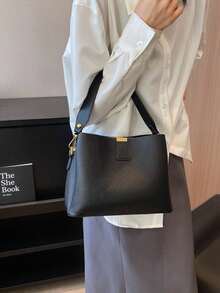 SIENNITY Tas Tote Bucket Warna Hitam Solid, Penyimpanan Multi-Lapisan untuk Barang-Barang Penting, Penutup Kancing, Gaya Minimalis Sehari-hari, Tas Tote Bucket, Tas Tangan Wanita untuk Bepergian, Tas Bahu Serbaguna - Hitam - View 3