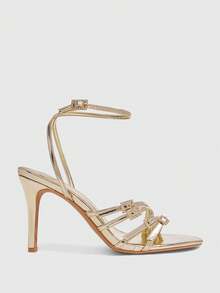 CUCCOO SZL Multi-Layer Crossed Rhinestone Back Strap Stiletto Sandals Women's Open-Toed Banquet Dress High Heels Women's Shoes - Light gold - View 3