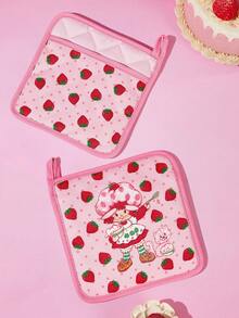Strawberry Shortcake X SHEIN 1pc/2 Pcs Cute Cartoon Print Kitchen Insulation Set, Insulation Mat, A Must For Kitchen Baking, Effectively Isolating Heat Sources, Single/Combination - Pink - View 1