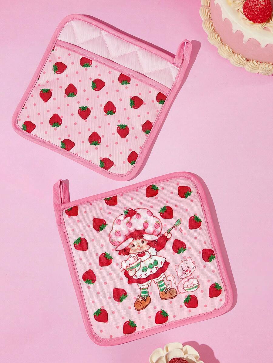 Strawberry Shortcake X SHEIN 1pc/2 Pcs Cute Cartoon Print Kitchen Insulation Set, Insulation Mat, A Must For Kitchen Baking, Effectively Isolating Heat Sources, Single/Combination - Pink - View 1