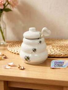 1 Piece Creative Bee Design Spice Jar, Beautiful Kitchen Spice Storage Jar, European Style Wedding Gift, Tight Seal Ceramic Spice Jar With Cartoon Design, - White - View 1