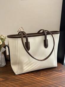 SIENNITY Fashionable Plain Color Scarf Decor PU Leather Tote Bag, Retro Minimalist Casual Shoulder Bag, Large Capacity Commuter Handbag Suitable For Women - White - View 7