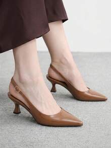 CUCCOO BIZCHIC Women's Shoes Glossy Pointed Heel Medium Heel Empty Buckle Light Luxury High Heels Commuter Banquet Shoes - Brown - View 4