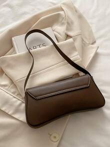 SIENNITY New Retro Fashion Solid‑Color Baguette Bag,Hardware Lock Clasp,Flap Opening,Lightweight & Minimalist,Small‑Capacity Shoulder Underarm Bag - Coffee - View 9