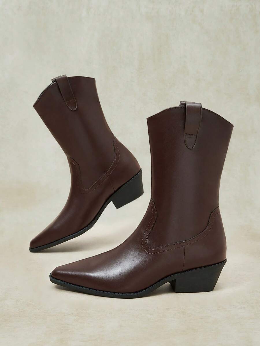 Styleloop Ladies Coffee Brown Retro Pointed Western Boots Sleeve Thick Heel Medium Boots British Knight Boots Outdoor Leisure Vacation Versatile High Heel Boots - Coffee Brown - View 1