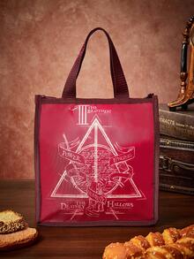 HARRY POTTER X SHEIN Vintage Triangle Rune Print Insulated Lunch Tote, Heat-Preserving Inner Layer. Holds Bento And Drinks For Office Workers, Students And Picnic Trips - Khaki red - View 2