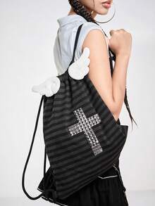 ROMWE Anime Y2K Punk Academy Style Black And Gray Striped Drawstring Backpack With Wings, Rivets, Cross Decoration, Fashionable Casual, Neutral Backpack. - Dark Grey - View 2