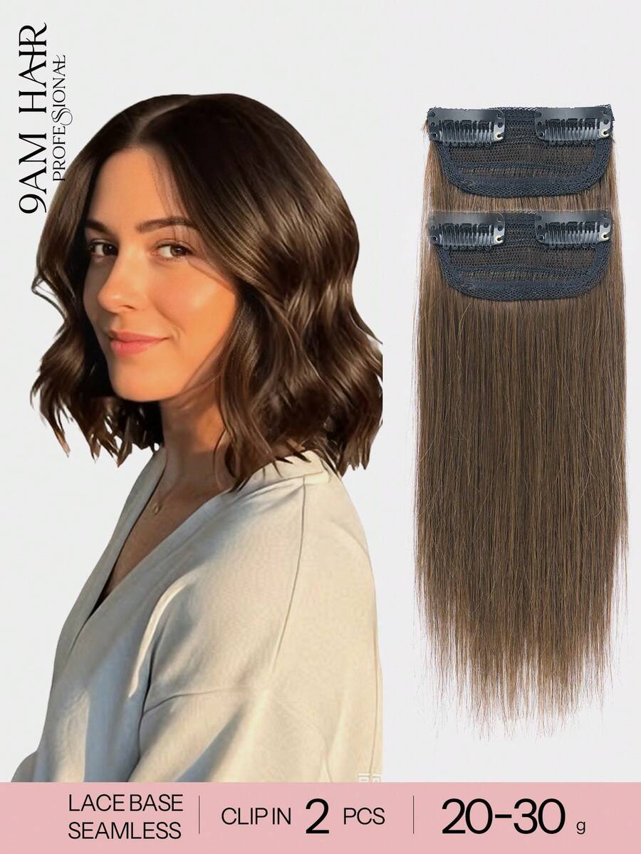 2Pcs/Set Short Straight Clip In Human Hair Extensions,6-10 Inch Medium Brown Real Human Hair Clip On Hair Pieces For Women, Add Instant Hair Volume Increase Hair Thickness - S4 - View 1