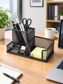 1pc Mesh Desk Organizer Multi Compartment Office Desktop Storage Holder For Pen Note Paper Stationery Home School Office Supplies - Black - View 8
