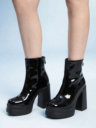Sugerpunk Botas cortas de tacón alto para mujer, estilo punk gótico, botas de combate con cremallera trasera, unicolor brillante, estilo oscuro Y2K Spice Girls, botas de motociclista de tacón alto