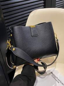 SIENNITY Tas Tote Bucket Warna Hitam Solid, Penyimpanan Multi-Lapisan untuk Barang-Barang Penting, Penutup Kancing, Gaya Minimalis Sehari-hari, Tas Tote Bucket, Tas Tangan Wanita untuk Bepergian, Tas Bahu Serbaguna - Hitam - View 6