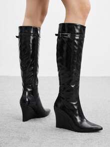 CUCCOO BIZCHIC Buckle Pleated Pointed Wedge Heel Brown Retro Tall Slim Knight Boots Women - Black - View 3