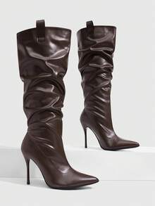 CUCCOO SZL Black Glossy Pointed-Heeled Elastic High Boots, Spice Girls Autumn And Winter Models Fall Boots - F5 Brown - View 5