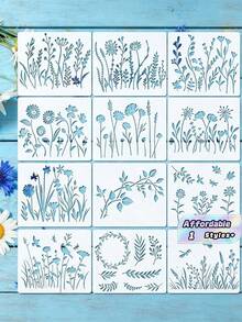12 Pieces Of Flower-Patterned Painting Templates, Reusable. Spring Theme. Suitable For Wall Painting, Home Decoration, And Back-To-School Items. - White - View 1