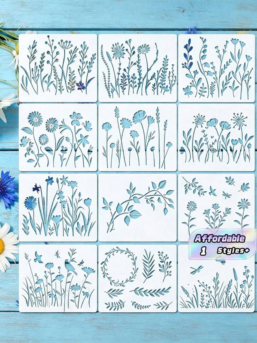 12 Pieces Of Flower-Patterned Painting Templates, Reusable. Spring Theme. Suitable For Wall Painting, Home Decoration, And Back-To-School Items. - White - View 1