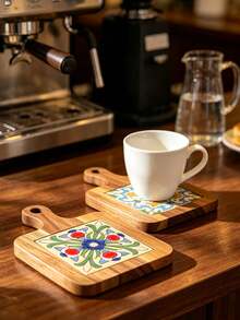 Solid Wood Ceramic Tile Pattern Heat Resistant Coasters - Retro Kitchen Table Mats For Hot Pots, Pans, Cups, High Temperature Resistant, Handmade Home Decor Gifts - View 2