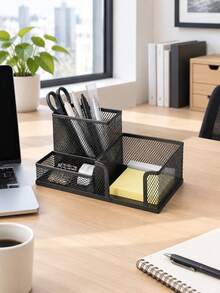 1pc Mesh Desk Organizer Multi Compartment Office Desktop Storage Holder For Pen Note Paper Stationery Home School Office Supplies - Black - View 7