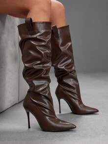 CUCCOO SZL Black Glossy Pointed-Heeled Elastic High Boots, Spice Girls Autumn And Winter Models Fall Boots - F5 Brown - View 2