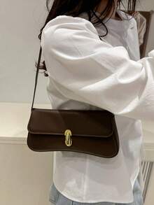 SIENNITY New Retro Fashion Solid‑Color Baguette Bag,Hardware Lock Clasp,Flap Opening,Lightweight & Minimalist,Small‑Capacity Shoulder Underarm Bag - Coffee - View 3