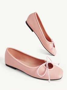 CUCCOO CHICEST Pink Satin Ballet Flats For Women, Square Toe, Low Vamp Bow, Soft Sole Shoes - Pink - View 3