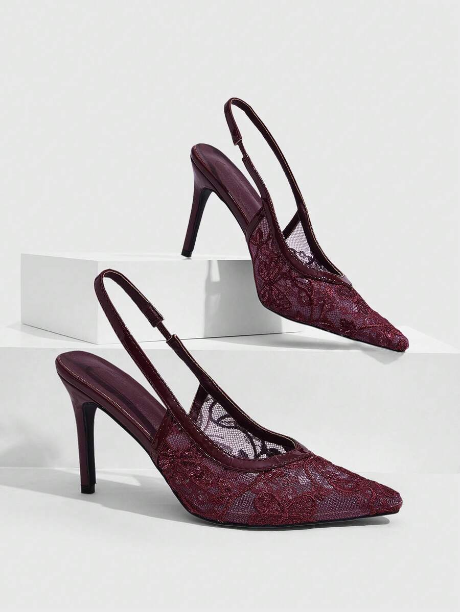 CUCCOO SZL Ladies Pointed Embroidered Gorgeous Elegant Dinner Party Wedding Heels - Burgundy sequins - View 1
