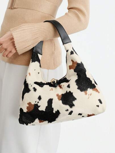 SHECARRY Women's Fashionable Simple And Elegant Classic Cow Pattern Short Plush Shoulder Bag, Daily Commuting Shopping