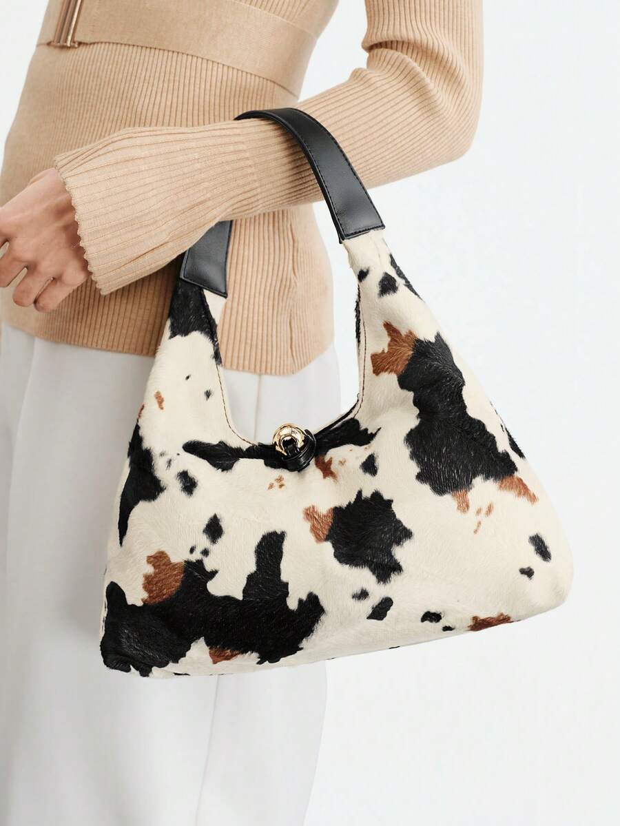 SHECARRY Women's Fashionable Simple And Elegant Classic Cow Pattern Short Plush Shoulder Bag, Daily Commuting Shopping - cow pattern - View 1