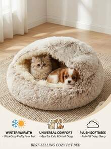 PETSIN 1pc Plush Round Pet Bed, Fluffy Soft Cat Bed, Donut Pet Cushion, Winter 2 In 1 Cat Bed, Warm Sleeping Bag Sofa Cushion - Coffee Brown - View 3