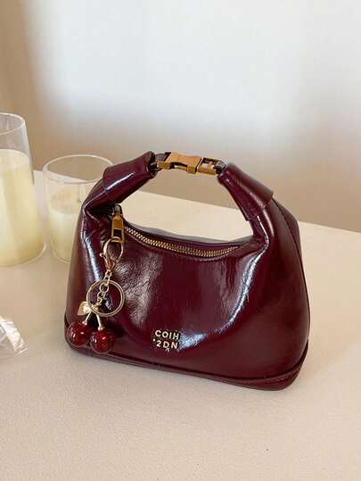 SIENNITY Cuero brillante arrugado, color borgoña, almacenamiento de pertenencias pequeñas diarias, cierre con cremallera, bolso de hombro tipo hobo, bolso bandolera con Charm de cereza para citas y compras de mujeres