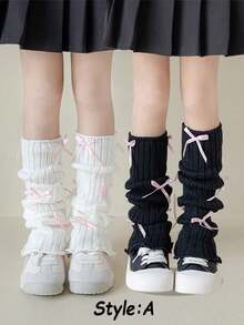 SHEIN 2 Pairs Of Girls Bow Socks Stacking Socks Lady Versatile - Multicolor - View 14