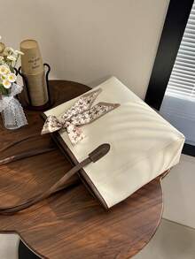 SIENNITY Fashionable Plain Color Scarf Decor PU Leather Tote Bag, Retro Minimalist Casual Shoulder Bag, Large Capacity Commuter Handbag Suitable For Women - White - View 5