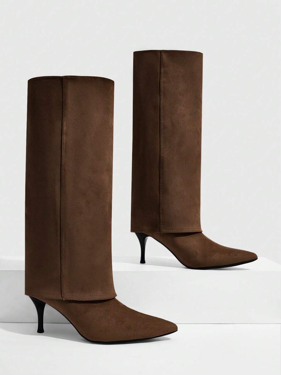 CUCCOO SZL European And American Style Pointed Wine Glasses And Piled Boots, Black Soft Leather Sleeve High Boots, Thin Imperial Sister Style Pleated Trousers Wo