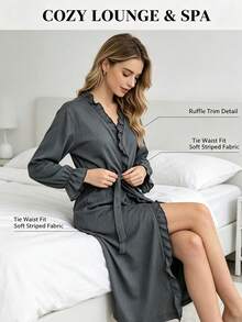 Elegant Solid Gray Ruffle Wrap Bathrobe For Women, V Neck Long Sleeve Belted Kimono Loungewear Robe, Soft Crinkle Fabric Irregular Hem Loose Homewear, Lightweight Casual Sleep Robe Coverup With Chic Ruffled Detail - Multicolor - View 5