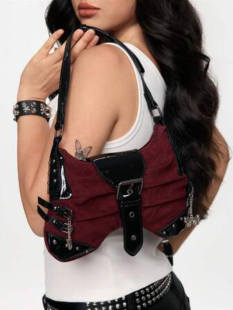 Damen Taschen, Schultertaschen, Gothic Stil, Punk Babes Y2K Rot und Schwarz Farbgebung, Schmetterling Hardware, geeignet für Einkaufen und tägliches Pendeln