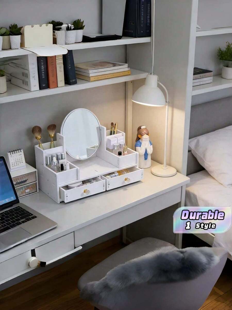 1PC Oval Mirror Vanity Cosmetic Storage Box With Double Drawers, Makeup Organizer, Must-Have Dressing Table Accessory - Double-draw Oval - View 1