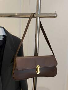 SIENNITY New Retro Fashion Solid‑Color Baguette Bag,Hardware Lock Clasp,Flap Opening,Lightweight & Minimalist,Small‑Capacity Shoulder Underarm Bag - Coffee - View 5