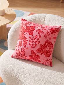 SHEIN 1 Piece, Retro Red Pink Tone European Floral Double-Sided Printed Pillow Cover, Living Room Balcony, Courtyard Bench, Homestay Decoration By Pillowcase - Multicolor - View 1