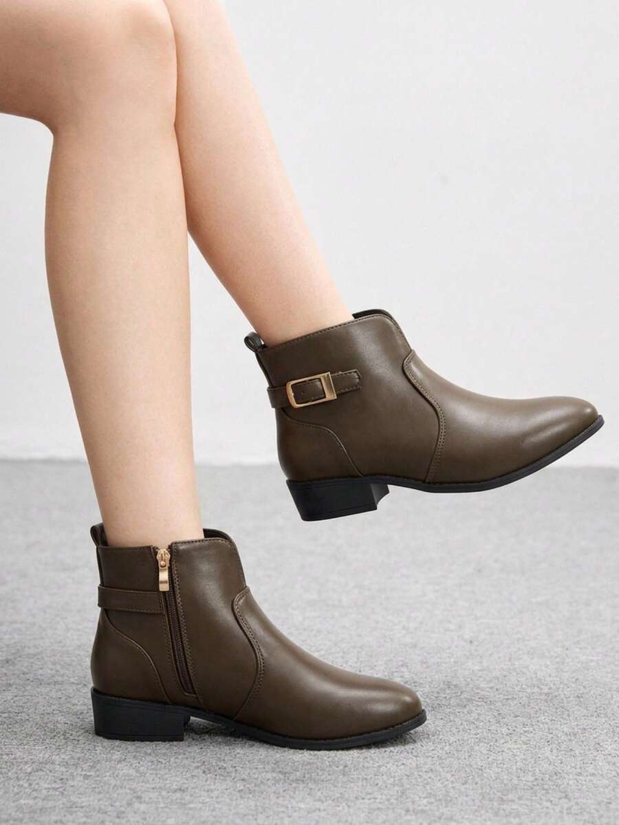 CUCCOO BIZCHIC 女款新款圓頭厚底粗跟棕色扣飾女式短靴 日常通勤百搭簡約女靴低筒靴 - 咖啡棕1 - 查看 1