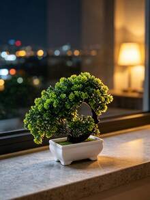 1PC Green Artificial Podocarpus Bonsai With White Flower Pot, Mini Tabletop Plant Ornament In Welcome Pine Shape, Ideal For Home Decor, Living Room Tea Table, Entryway, Study Bookshelf, Office Desk, Bathroom Shelf And Window Sill Decoration - Green - View 5