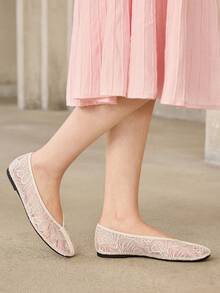 MOTF NEW BEIGE MESH FLOWER SQUARE TOE COMFORTABLE, SOFT AND SIMPLE COMMUTER WOMEN'S FLAT SHOES - Beige 1 - View 8
