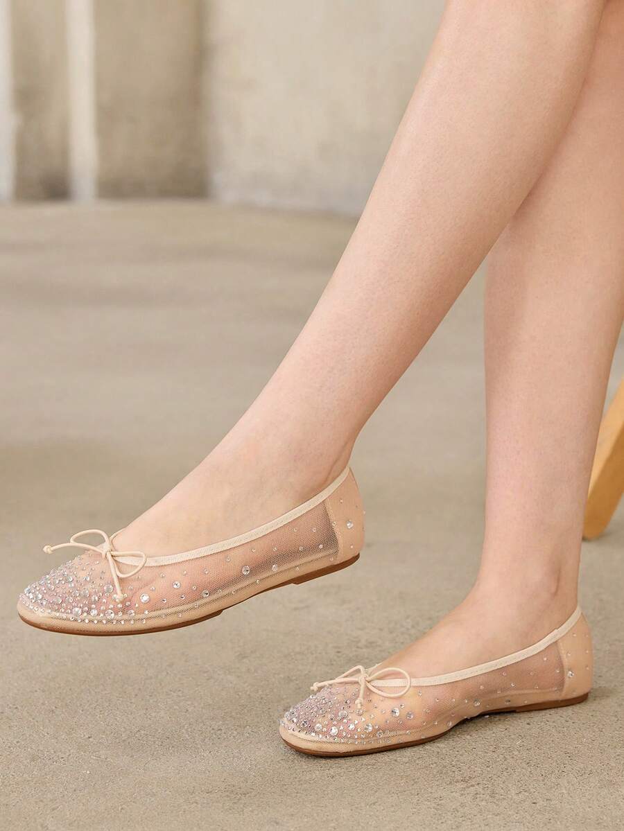 MOTF PREMIUM WOMEN'S NEW FRENCH MESH RHINESTONE BOW FLAT BOTTOM ROUND TOE BALLET SHOES APRICOT VERSATILE SANDALS - Light apricot - View 2