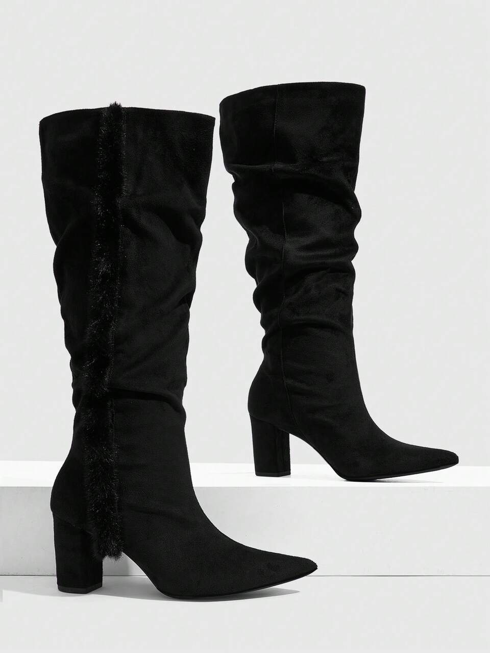 CUCCOO SZL Ladies Black Suede Pleated Over Knee Boots Vertical Plush Fur Side Trim Pointed Thick Square Heel Sleeve Winter Tall Women's Boots Fall Boots