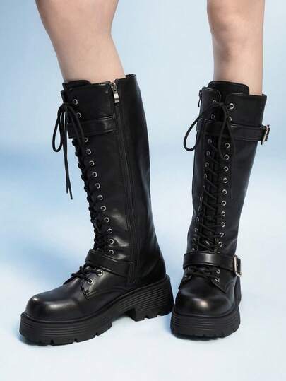 Sugerpunk Sandalias de tacón para mujer con punta redonda, botas altas de suela gruesa con cordones, botas de caballero con hebilla de cinturón, botas elegantes de locomotora, botas finas y versátiles