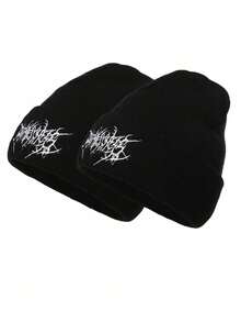 Dealstrict 1 Or 2 Pcs Casual Gothic Embroidered Knit Beanie For Men, Street Style Ski Cap For Women, Warm Multi-Purpose Cold Weather Hat, Loose Fit - Multicolor - View 9