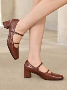 MOTF PREMIUM RETRO SQUARE TOE DOUBLE BUCKLE MARY JANE THICK HEEL SHOES WOMEN, AUTUMN AND WINTER DARK BROWN SOFT LEATHER COMMUTING MEDIUM HEEL LOW VAMP FALL SHOES - Embossed PU-Brown - View 7